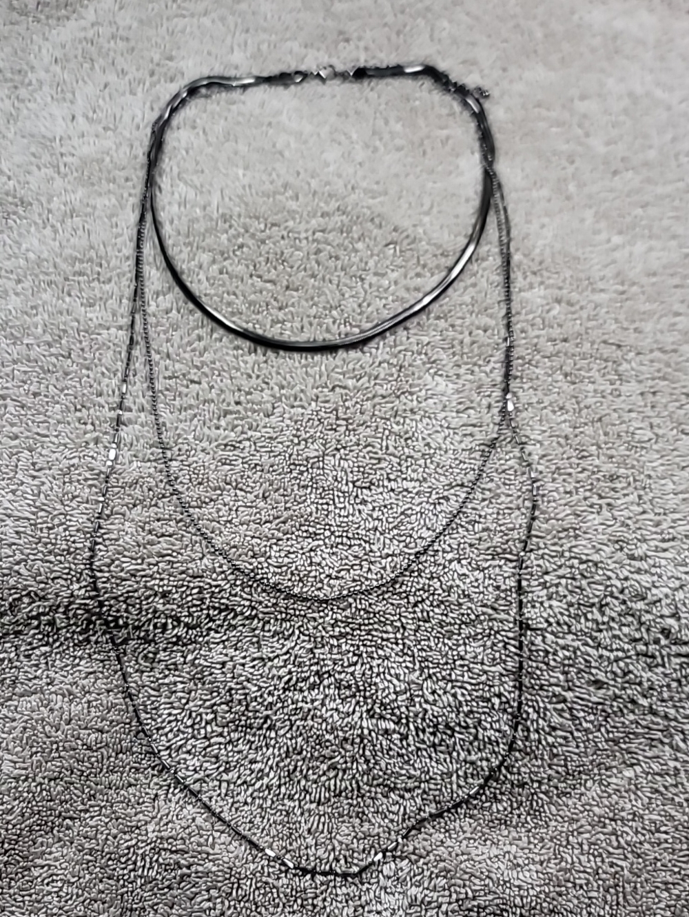 Silver 3 Layer Cascading Necklace, Dark Tone Metallic Metals